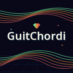 GuitChordi boot screen: six green, orange and red strings, GuitChordi