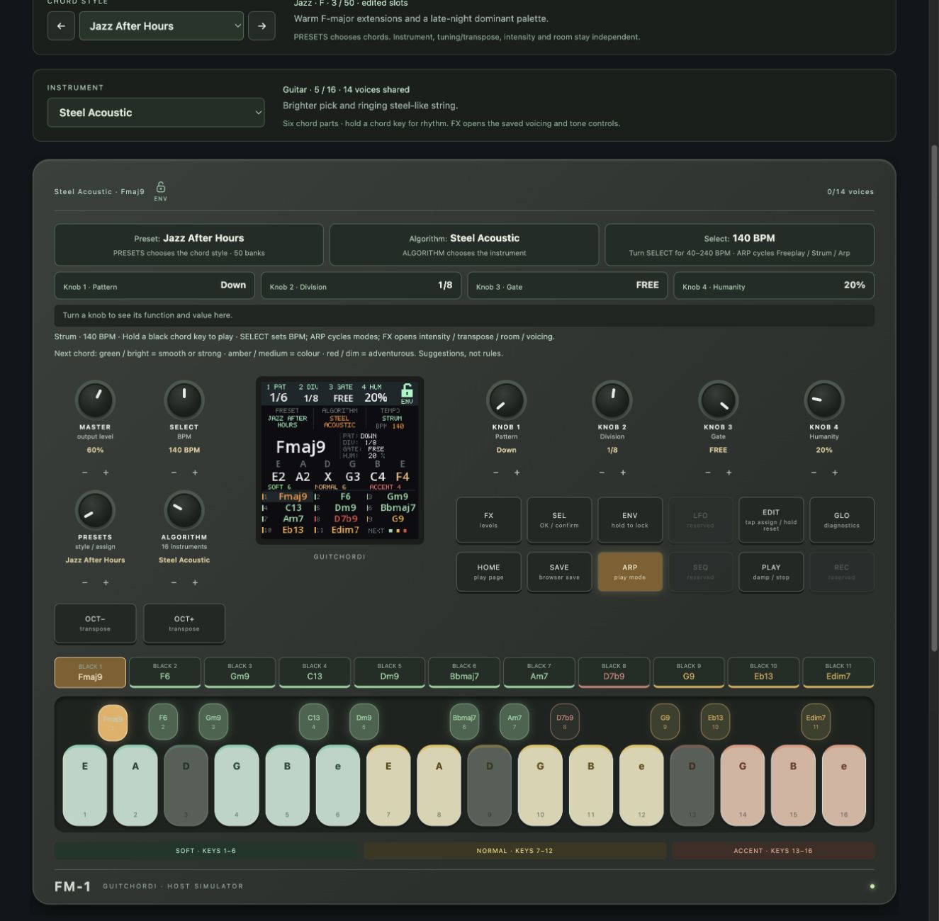 GuitChordi browser instrument with chord suggestions, guitar controls and playable keys